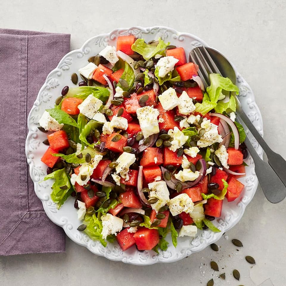 Matig sallad med melon, fetaost och bönor